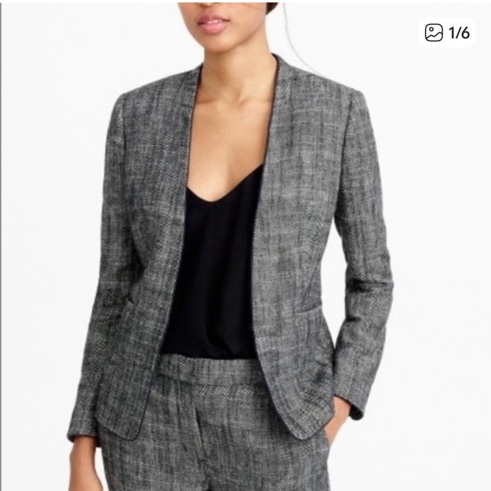 J. Crew Linen Blend Herringbone Collarless Blazer with Navy Piping Trim Sz 4